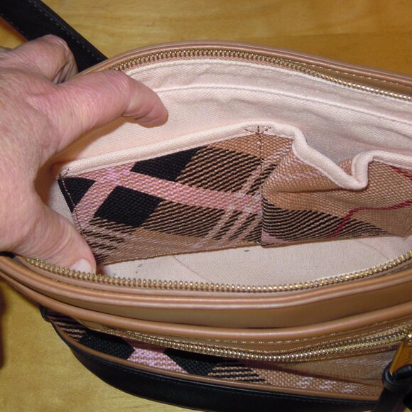 Spartina Pink & Black Plaid check Shoulder Hand Bag Purse Leather Linen NWT USA - Picture 2 of 12